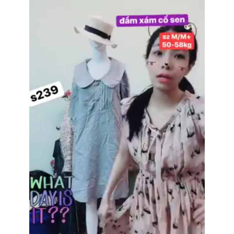 đầm suông xám xếp ly cổ sen size M-M+. S239