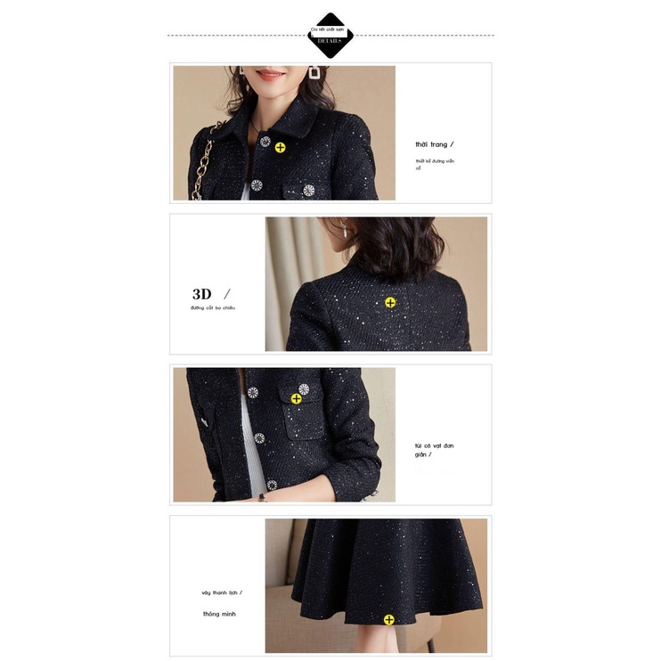 Bộ Áo Đen Phối Chân Váy Vải tweed Cỡ Lớn Thời Trang Thu Đông 2022 Cho Nữ