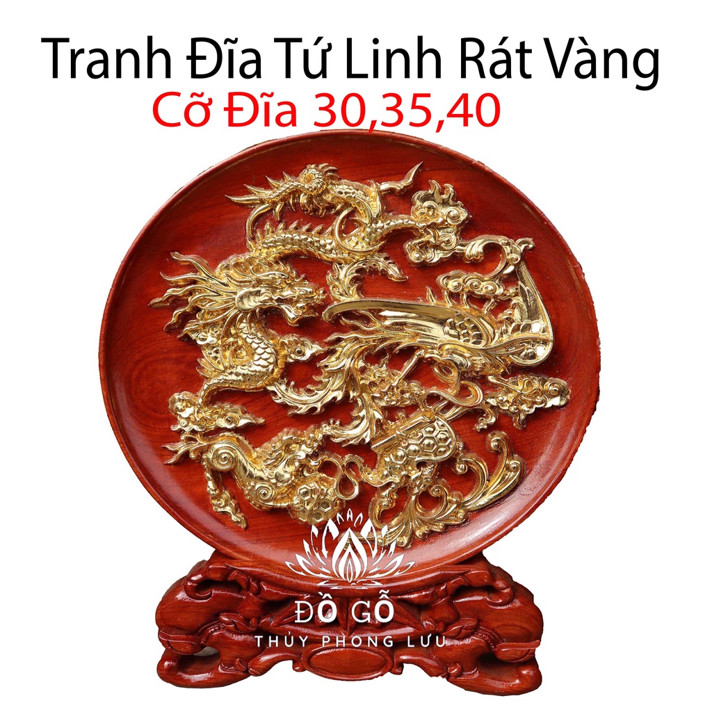 Tranh tròn đĩa tứ linh gỗ hương đá nguyên khối 3 cỡ đĩa 30,32,35