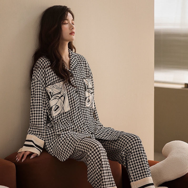 ❤️ Bán Nóng❤️Bộ Đồ Ngủ Hai Mảnh Dáng Rộng Tay Dài In Họa Tiết Houndstooth Phong Cách Mới Cho Bạn Gái