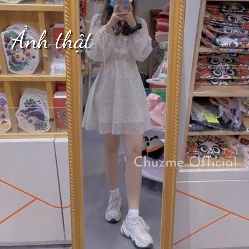 Váy hoa nhí dài tay tiểu thư kèm đai rút eo, Váy hoa vintage kèm đai corset siêu xinh (Có feedback của khách)