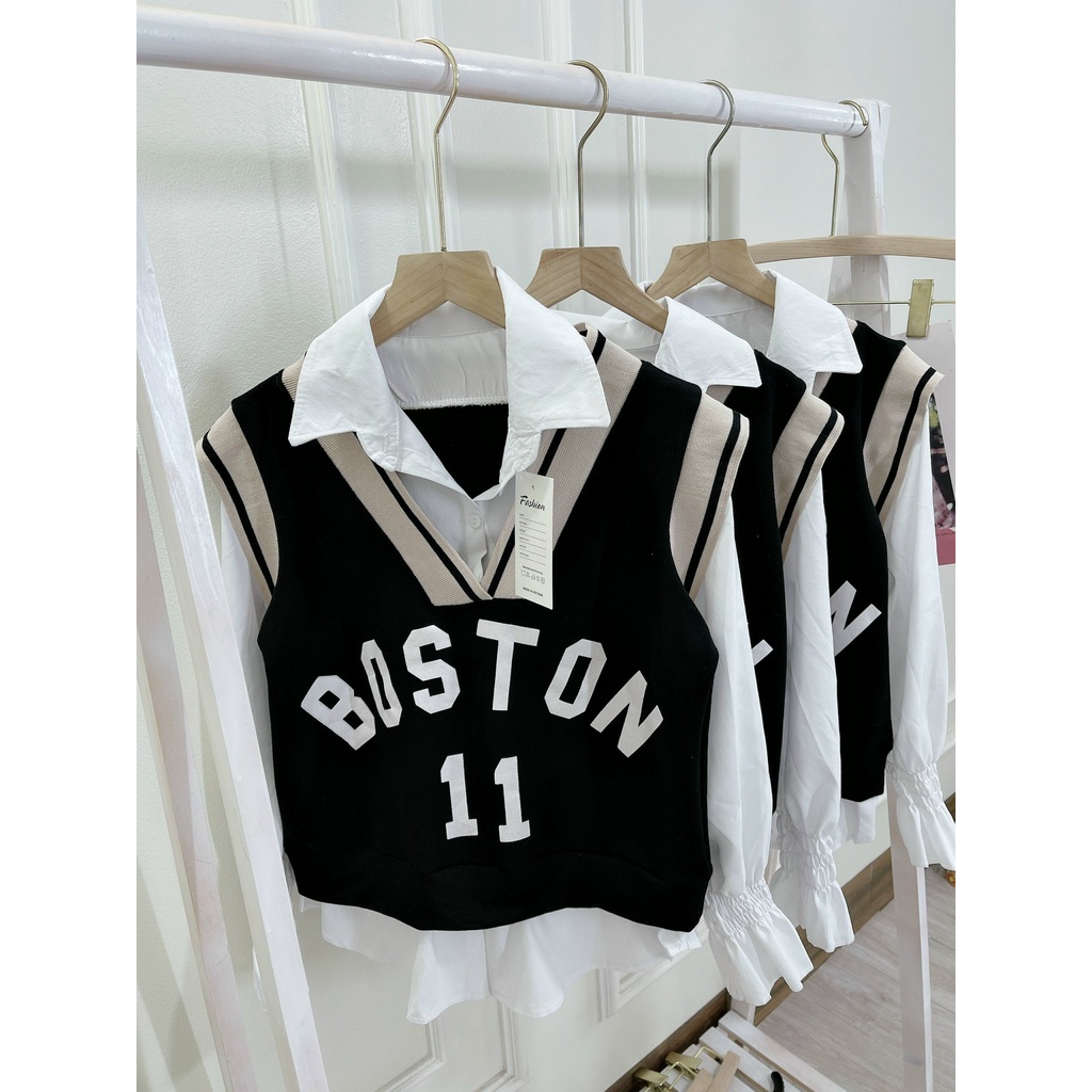 SET ÁO SƠ MI TRẮNG CỔ BẺ CHUN TAY BÈO ÁO GILE ĐEN BOSTON 11