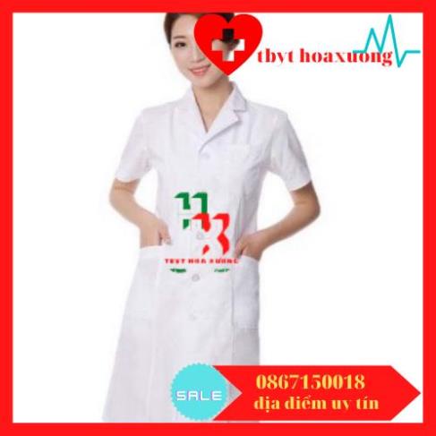 Áo blouse trắng , áo khoác bác sĩ , dược sĩ , điều dưỡng viên nữ cộc tay dáng dài