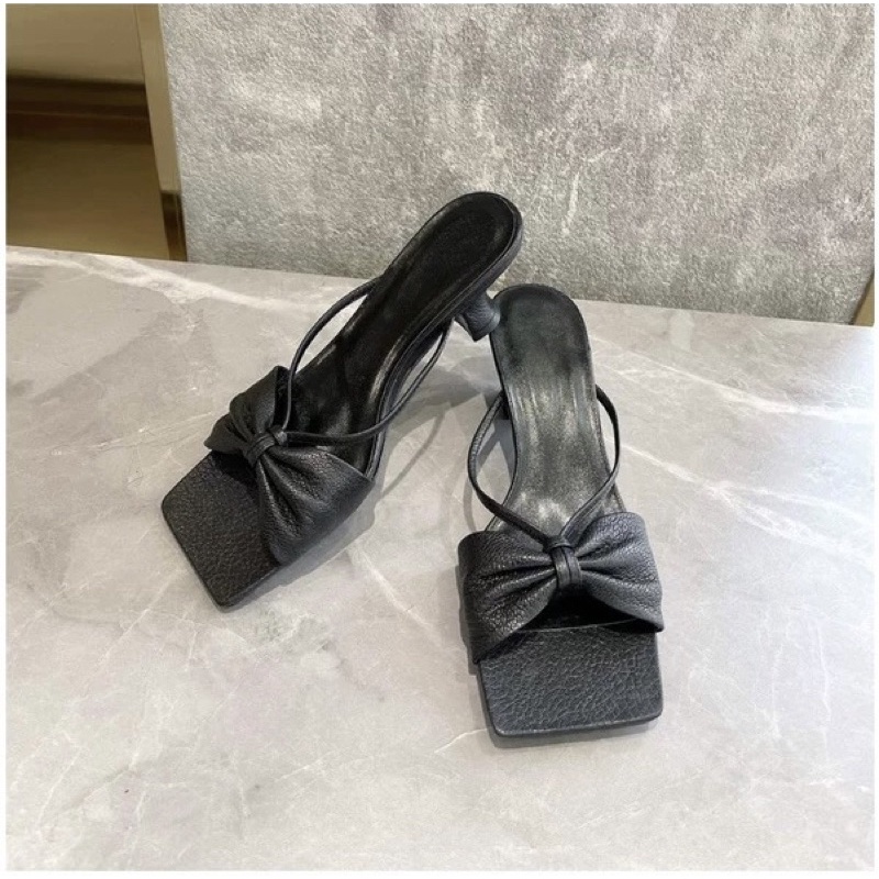 Guốc nữ nơ cao 3,5cm 2 màu đen trắng, size 35-39, sandal nữ, dép cao gót HG