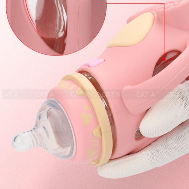 Bình Sữa giữ nhiệt thủy tinh, Bình Ti Sữa Cho Bé Có Tay Cầm CUTE - HÀNG MỚI VỀ