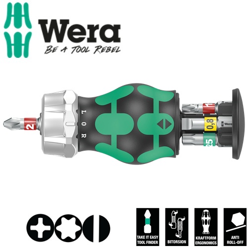 Dụng cụ mở vít cán ngắn tròng cóc tự động Wera 05008883001 Kraftform Kompakt Stubby Magazin RA 1 gồm 6 cái