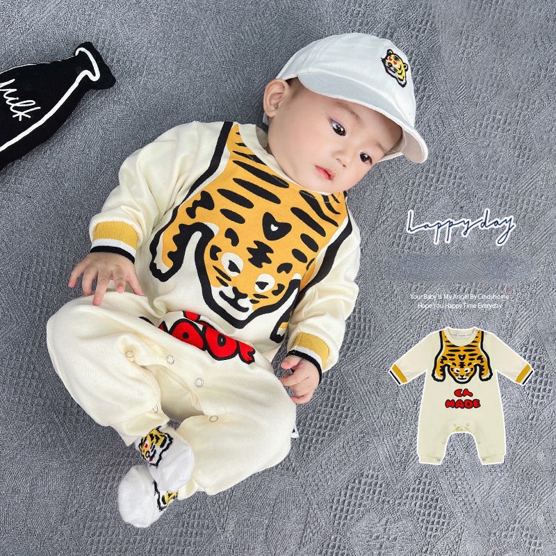 Áo Liền Quần Tay Dài Cổ Tròn In Hình Hổ Hoạt Hình Đáng Yêu Thời Trang Mùa Thu Cho Bé 0-18 Tháng