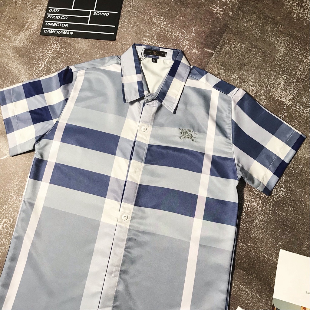 Áo sơ mi 3D tay ngắn chất lụa Caro thêu ngực hoạ tiết BURB đẹp mắt thoáng mát phong cách trẻ trung thời trang nam nữ