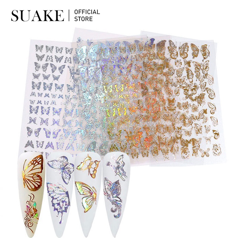 SUAKE nhãn dán Holographic laser bướm kim loại vàng/bạc trang trí móng nghệ thuật