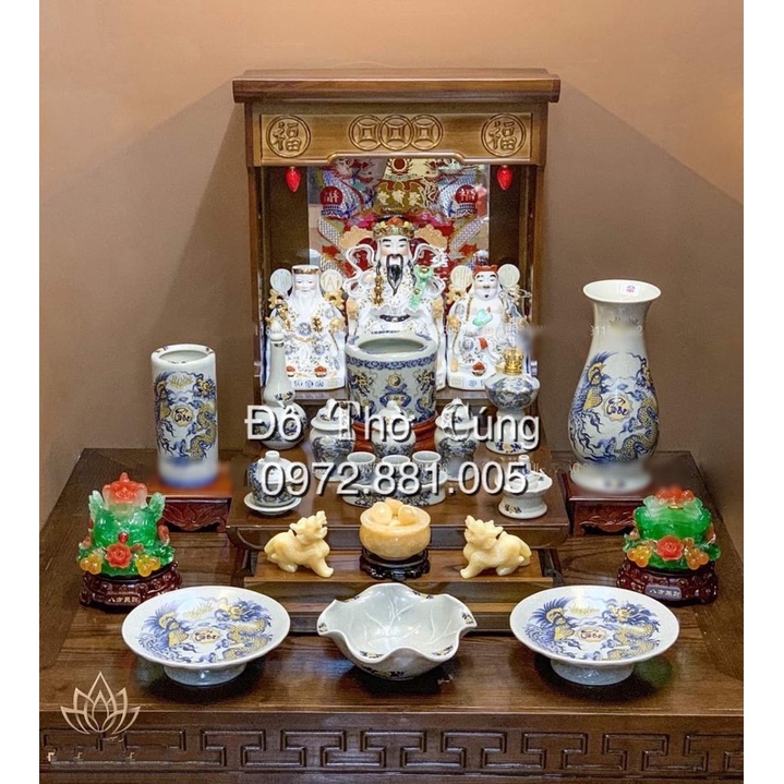Bộ đồ thờ thần tài men rạn rồng vàng viền xanh