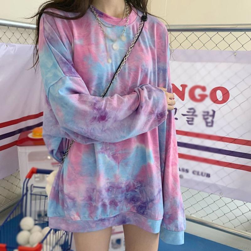 Korean Fashion Tie Dye Round Neck Loose Leisure Long Sleeve T-Shirt