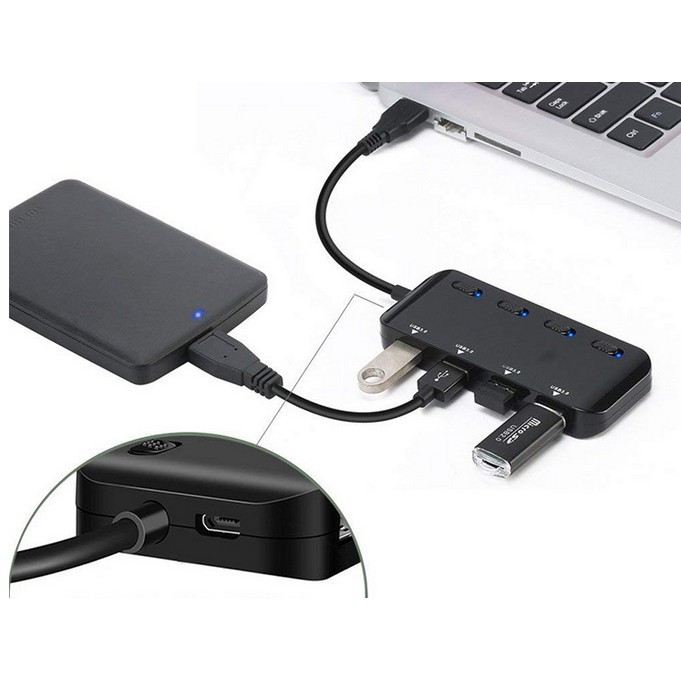 Bộ chuyển đổi từ Typec sang 4 USB 3.0 có công tắc và đèn led Ultraslim kết nối USB chuột bàn phím tay game ổ cứng...