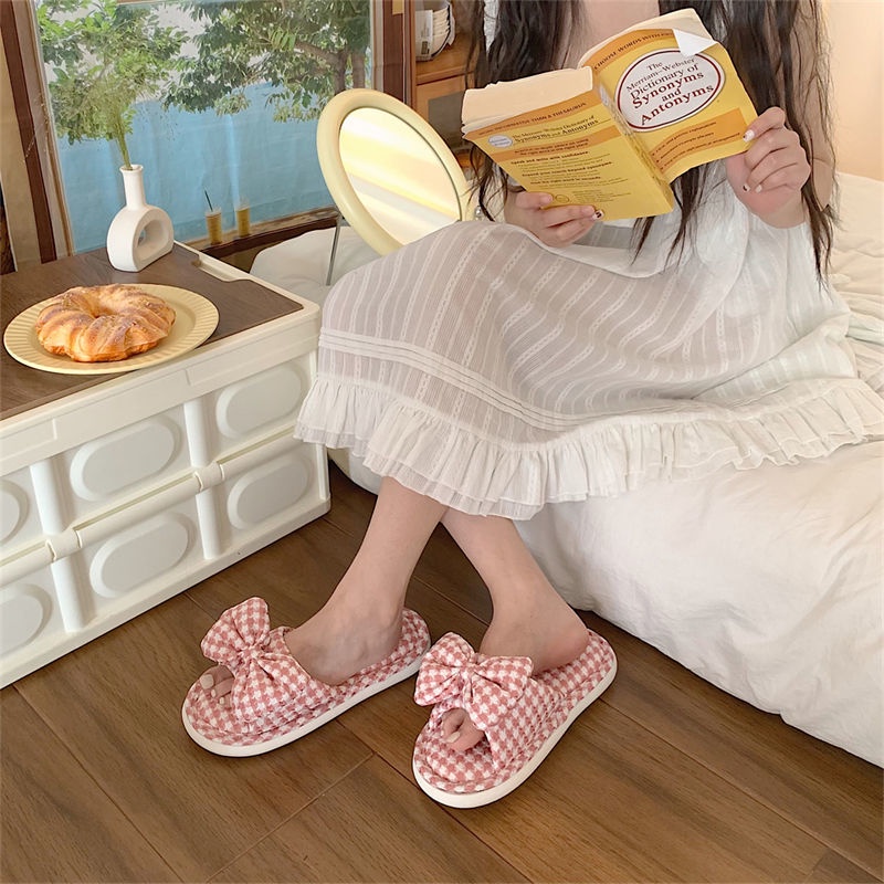 Oeteo Dép cotton Lanh Đi Trong Nhà Đế Dày Thắt Nơ Kẻ Sọc Cho Nữ