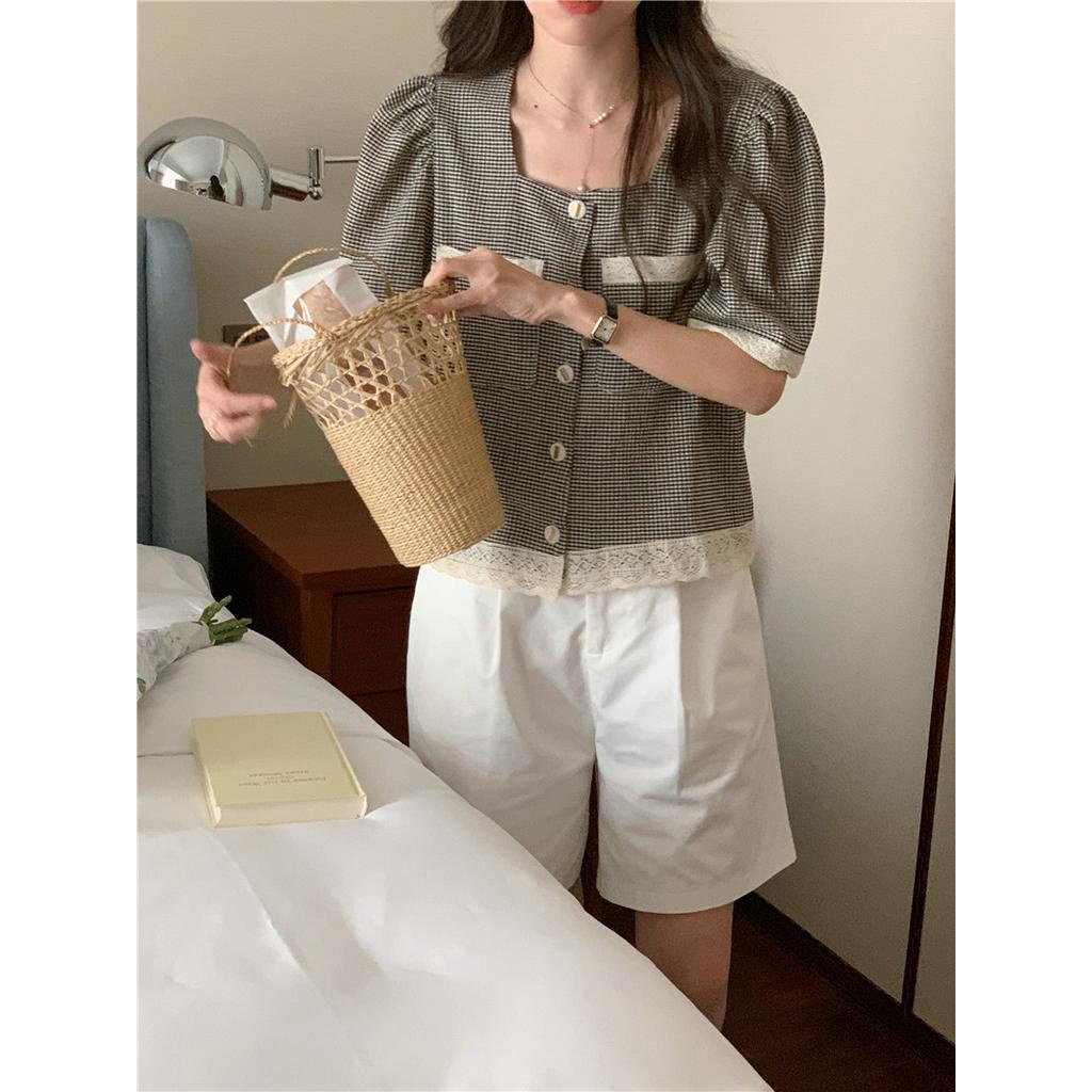 Áo Sơ Mi Kẻ Ô Mềm Mại Ngắn Tay Phối Ren Thanh Lịch 53698