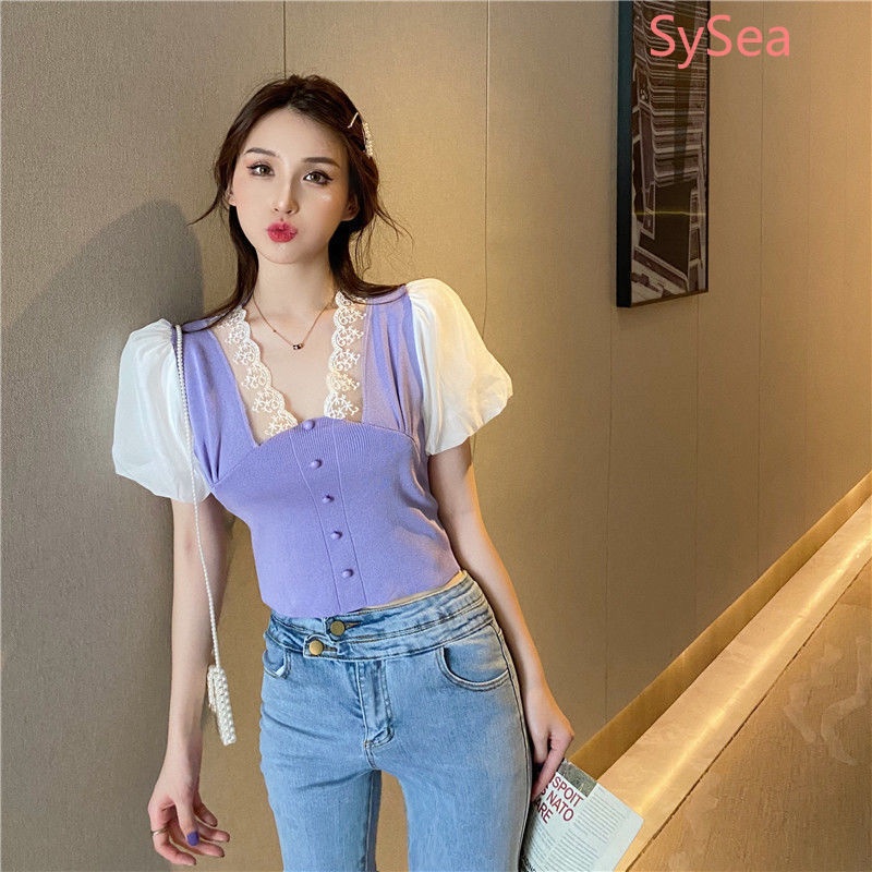 Áo Croptop Phối Ren Thời Trang Mùa Hè Pháp Quyến Rũ Cho Nữ