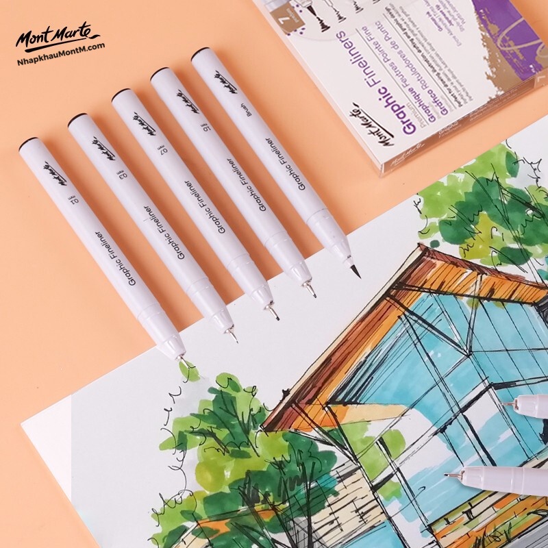 Bộ 7 bút line kỹ thuật đi nét viền tranh kháng nước bút mực đen Đức cao cấp Mont Marte Graphic Fineliners Set 7pc