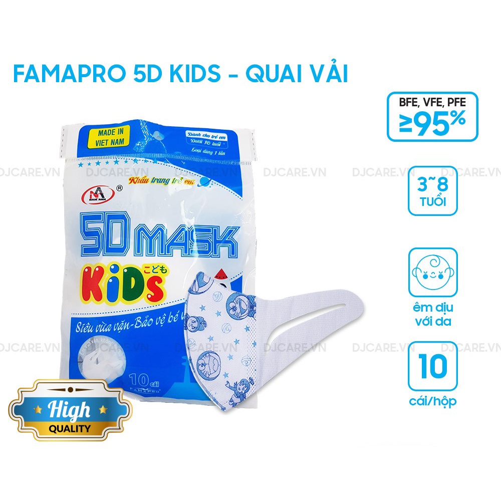 [3D MASK KID QUAI VẢI- HỘP 10 CÁI] Khẩu trang y tế trẻ em kháng khuẩn 3 lớp Famapro