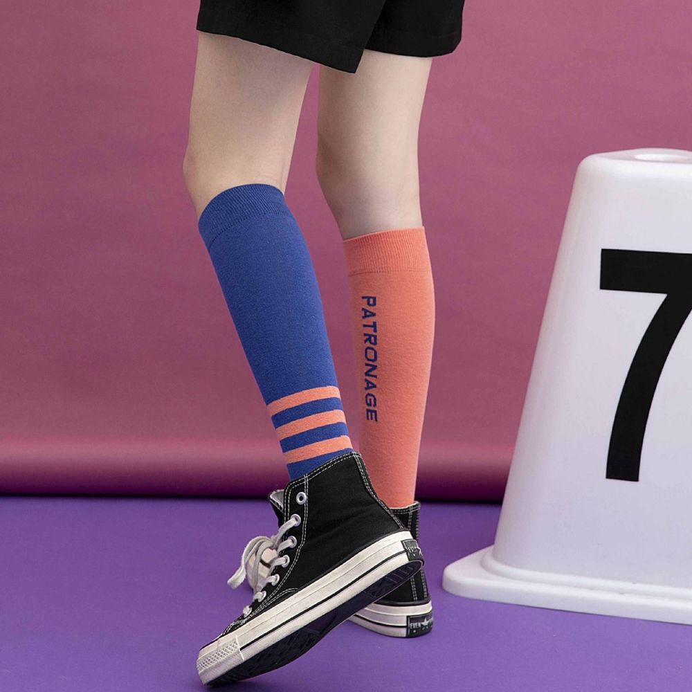 Tất ống bắp chân vải cotton màu trơn in chữ phối sọc ngọt ngào phong cách retro Nhật cho nữ