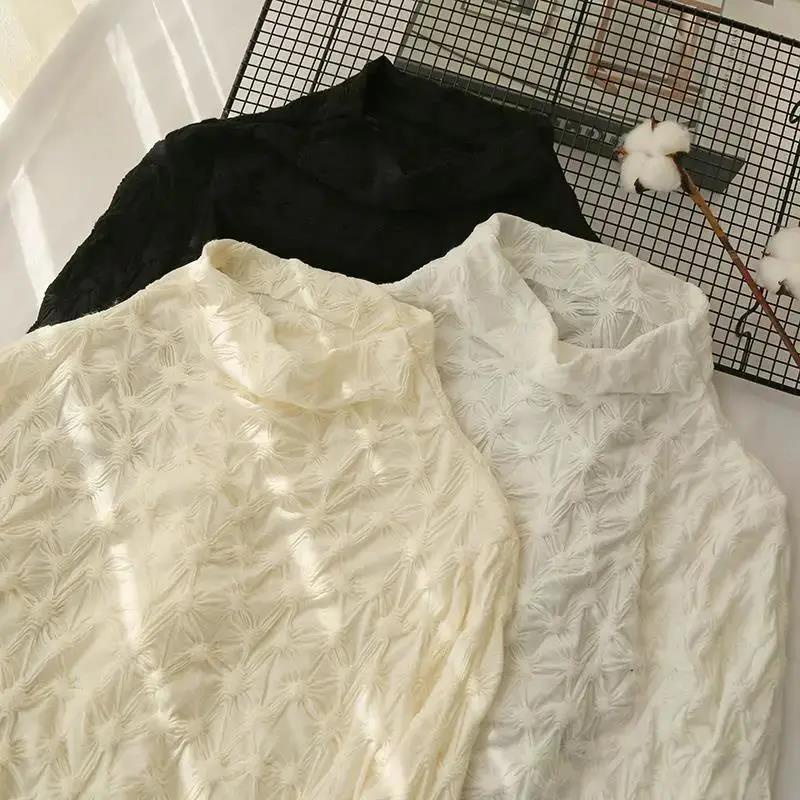 Áo thun tay dài cổ cao phối ren thiết kế xếp ly thời trang nữ sành điệu