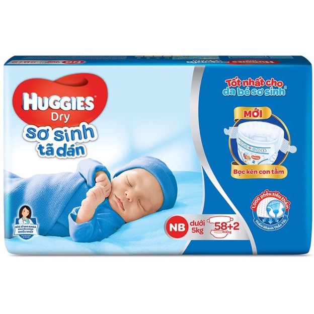 Tã dán Huggies NB58+2/ NB74/ S56/ S88 mẫu mới ( bọc kén con tằm )