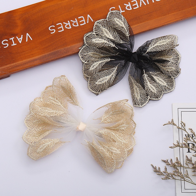 Kẹp Tóc Hình Nơ Phối Ren Đính Lông Vũ Phong Cách Retro Trung Hoa Mới