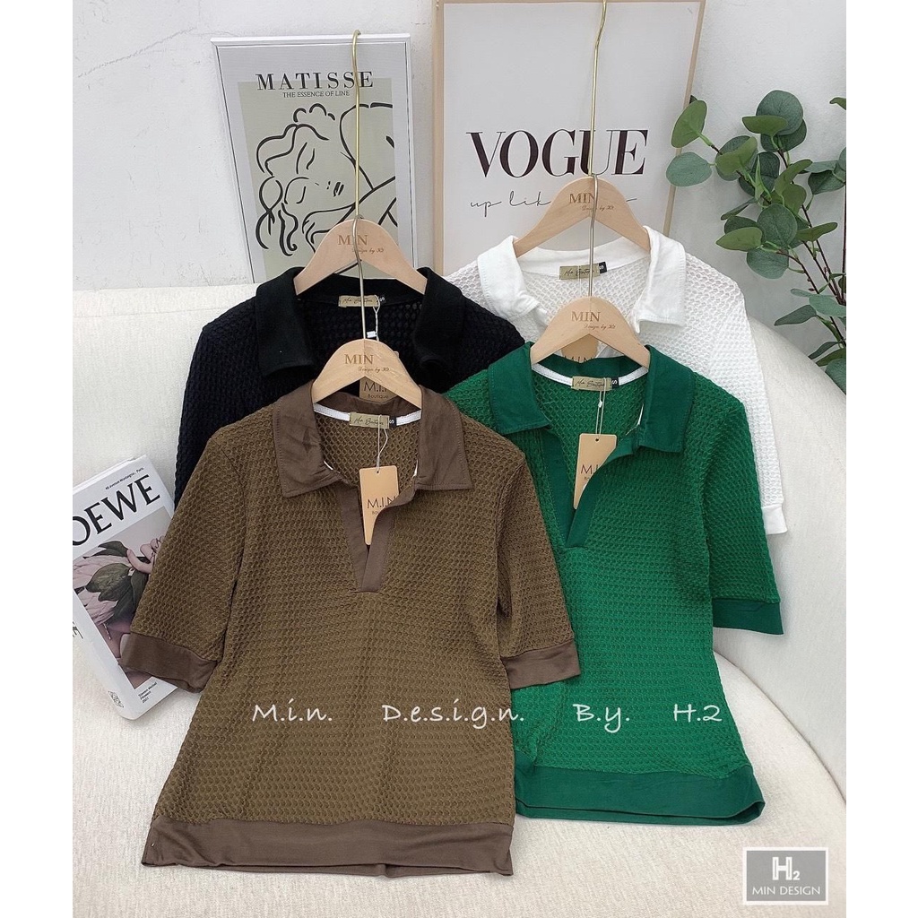 Áo kiểu nữ tổ ong cổ bẻ viền gấu hàng đẹp