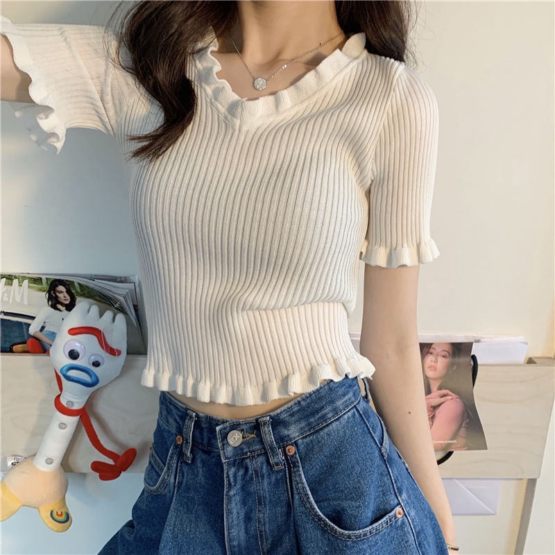 AMOI Áo Thun Nữ Ngắn Tay Cổ Chữ V Chấm Bi Thời Trang