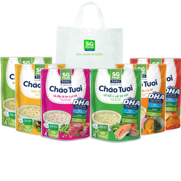 Lốc 69 - Combo 6 Cháo Tươi Baby Sài Gòn Food 240g (Gà, Thịt Bằm, Bò, Tôm, Lươn, Cá Hồi) Kèm Túi Xách