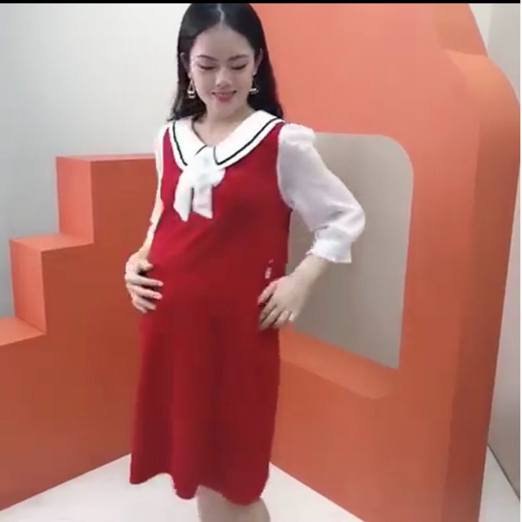 Váy bầu công sở thiết kế nơ cổ đẹp