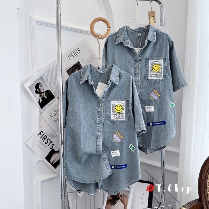 Áo sơ mi jean túi đắp tag hình tay ngắn