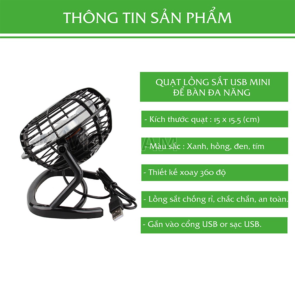 Quạt Lồng Sắt Chân Sạc USB Mini Để Bàn Làm Việc, Để Xe Ôtô  - QLONGSAT