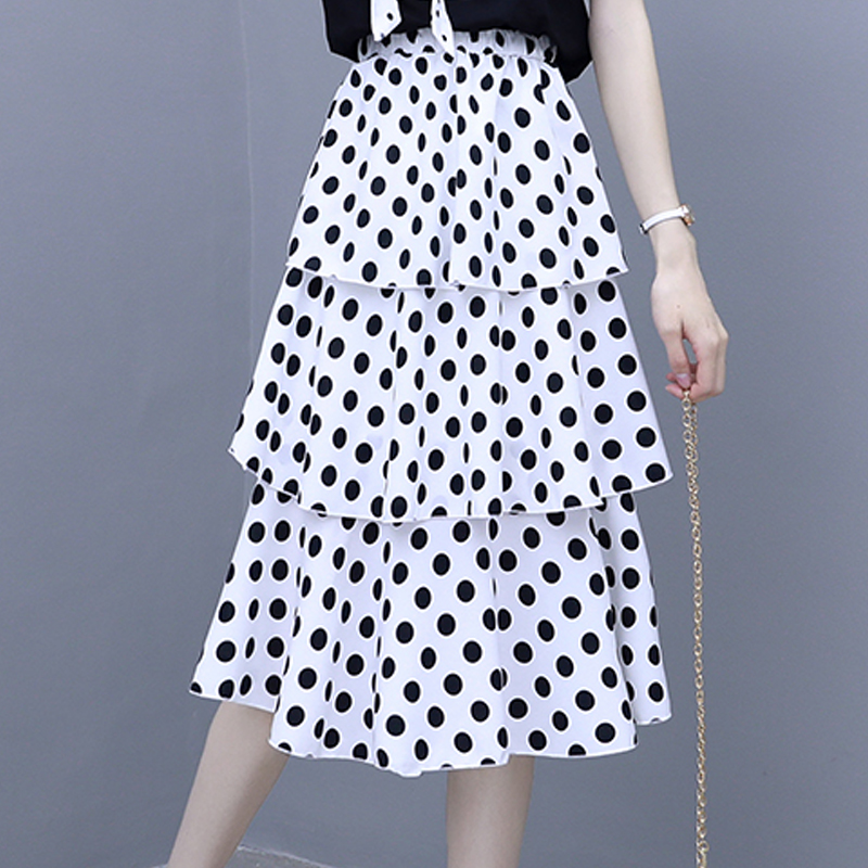Chân Váy Chiffon Chữ A Xếp Li Họa Tiết Chấm Bi Phong Cách Hàn Quốc
