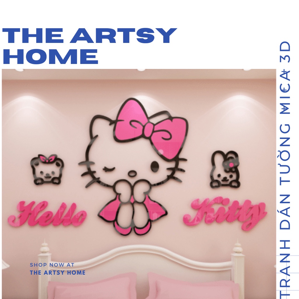 Tranh dán tường mica 3d Hello Kitty - trang trí phòng khách, phòng ngủ, quán cafe, trà sữa, phòng chơi cho bé