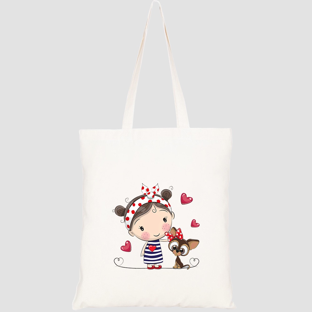 Túi vải tote canvas HTFashion in hình cute cartoon puppy girl striped HT552