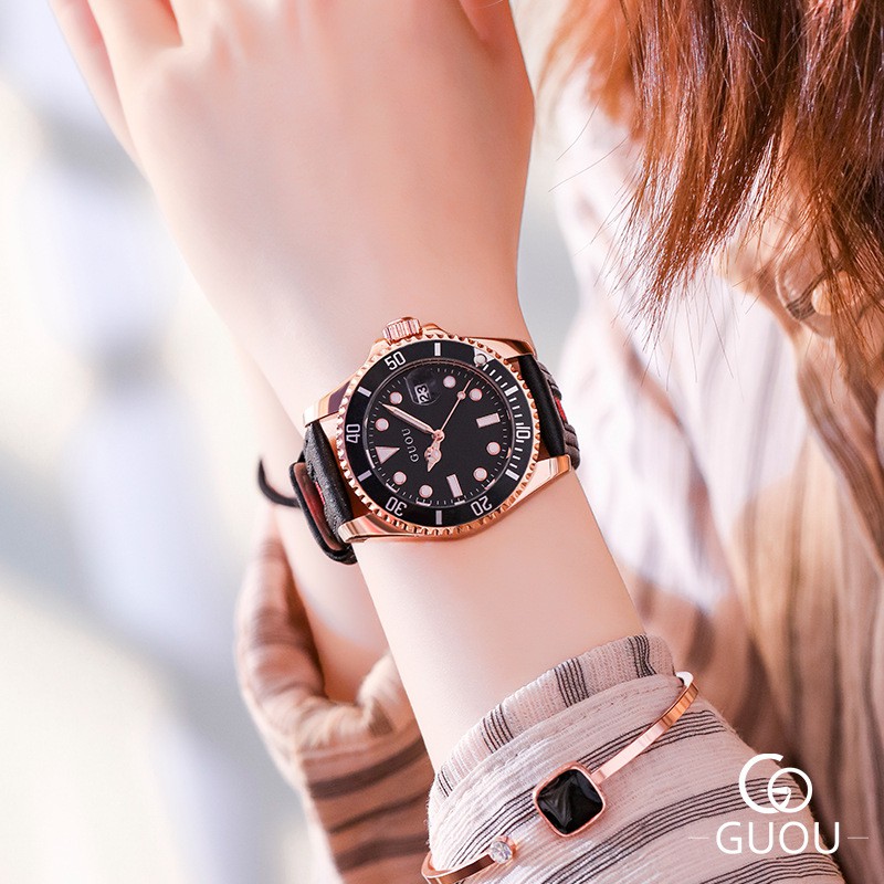 Đồng hồ nữ đeo tay dây da Guou viền mạ vàng chính hãng chống nước tuyệt đối 8077 | BigBuy360 - bigbuy360.vn