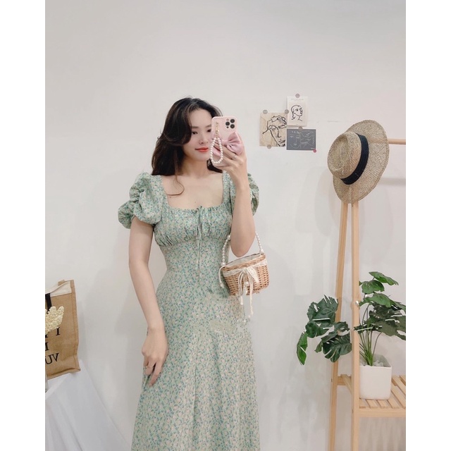 Đầm Midi nhún ngực hoa nhí xẻ tà tay phồng màu xanh NÀNG CLOSET