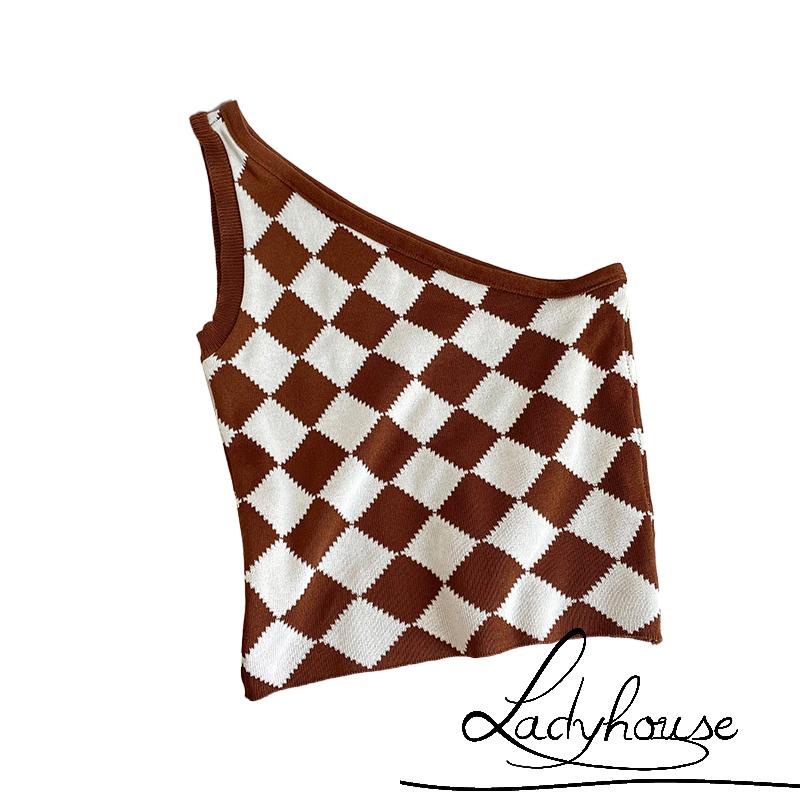 Áo Croptop Hai Dây Dệt Kim Hở Một Bên Vai Họa Tiết Kim Cương Cho Nữ