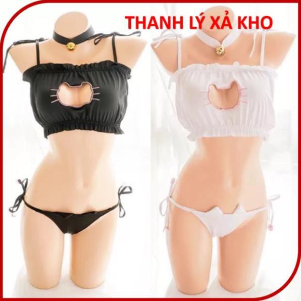 Bộ đồ ngủ cosplay full phụ kiện set miêu nữ sexy, bikini mèo đen gợi cảm, nóng bỏng, lolita chip