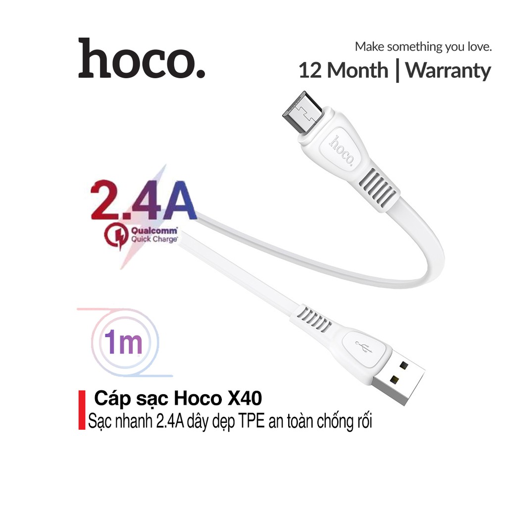 Cáp sạc nhanh và truyền dữ liệu Micro USB Hoco X40, sạc nhanh 2.4A MAX, dây sạc dẹt chống rối, chống đứt dài 100cm