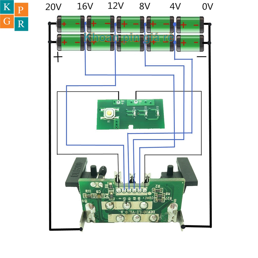 KPGR Vỏ pin Dewalt 18V Li-ion 3.7V nhận sạc zin