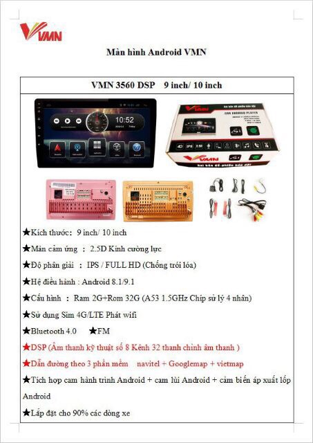 Màn Hình DVD hỗ trợ ĐỊNH VỊ XE Android 9"/10" VMN 32gb Ram 2gb