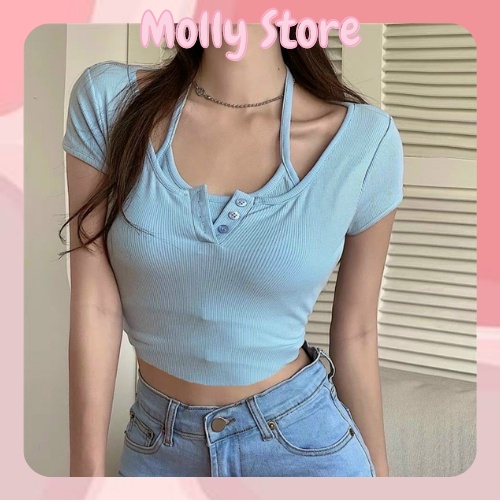 ( MÃ AGY21 ) Áo thun nữ croptop Molly giả yếm vạt bầu khoét eo cột nơ cổ 4 màu đen/trắng/xanh/tím