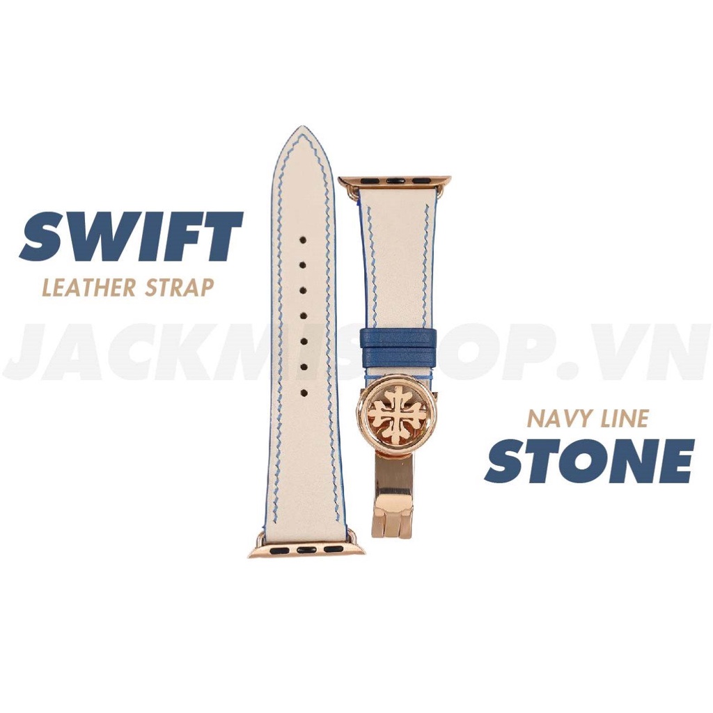 [DÂY DA THẬT] DÂY DA BÊ SWIFT MAY TAY THỦ CÔNG MÀU KEM CHỈ XANH KHÓA PATEK CHO APPLE WATCH SERIES 1=&gt;6 (BẢO HÀNH 1 NĂM)