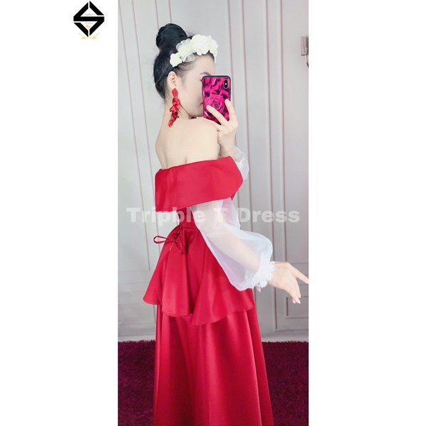 Đầm xòe dự tiệc mặc cưới bẹt vai tay voan dài phối ren TRIPBLE T DRESS -size S/M/L - MS51Y