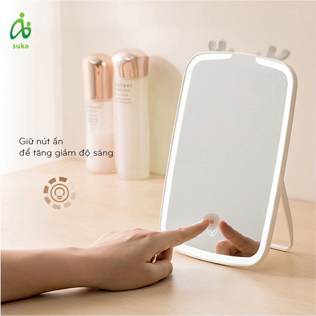 Gương để bàn chữ nhật có đèn led, gương makup trang trí tai tuần lộc dễ thương