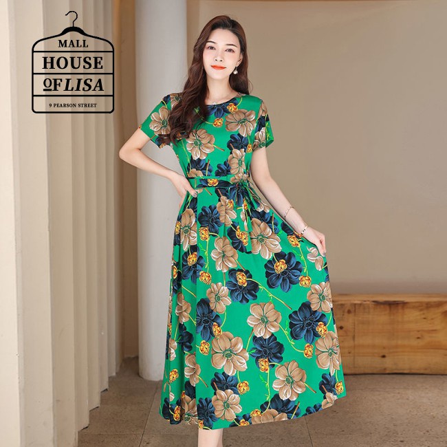 Flower Printed Bowknot Waist-slimming Long Skirt  Short-sleeved Dress Crew-neck Size Women Plus