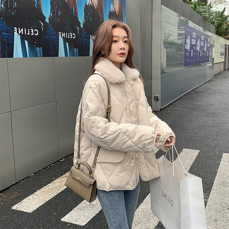 Áo Khoác Phao Dày Giữ Ấm Cổ Lông Ghép Nối Kẻ Sọc Kim Cương Phiên Bản Hàn Quốc Thời Trang Cho Nữ