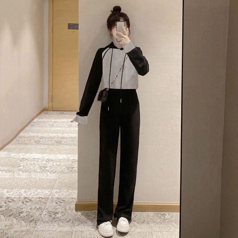 Early autumn suit girl student foreign style small hooded hoodie high waist wide leg pants leisure temperament two sets of tide
