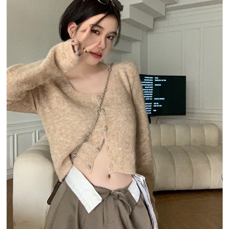 Áo Cardigan Dệt Kim Tay Dài Cổ Vuông Dáng Ôm Thời Trang Cho Nữ