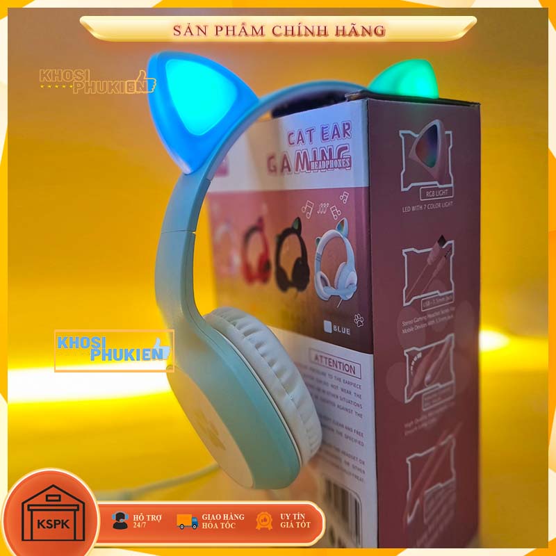 [Ảnh thật] Tai Nghe Tai Mèo có LEd Có Mic - Tai nghe màu xanh và màu hồng cực kute